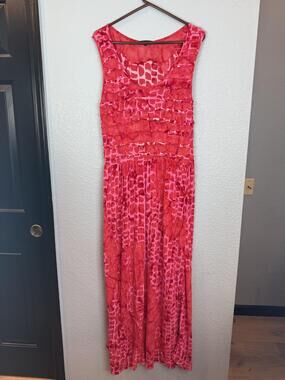 Dunia Dress Womens Medium Pink Red Sleeveless Maxi Ruched Boho Geometric Print